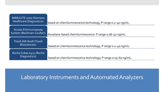 Laboratory Instruments andAutomatedAnalyzers
based on chemiluminescence technology; P range 0.2–40 ng/mL.
IMMULITE 1000 (Siemens
Healthcare Diagnostics):
dioxetane-based chemiluminescence. P range 0.08–40 ng/mL.
Access II Immunoassay
System (Beckman-Coulter):
based on chemiluminescence technology. P range 0.1–40 ng/mL.
Tosoh AIA 600II (Tosoh
Biosciences):
based on chemiluminescence technology; P range 0.03–60 ng/mL.
Roche Cobas e411 (Roche
Diagnostics):
 