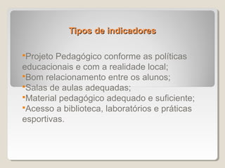 Tipos de indicadores

Projeto Pedagógico conforme as políticas
educacionais e com a realidade local;
Bom relacionamento entre os alunos;
Salas de aulas adequadas;
Material pedagógico adequado e suficiente;
Acesso a biblioteca, laboratórios e práticas
esportivas.
 