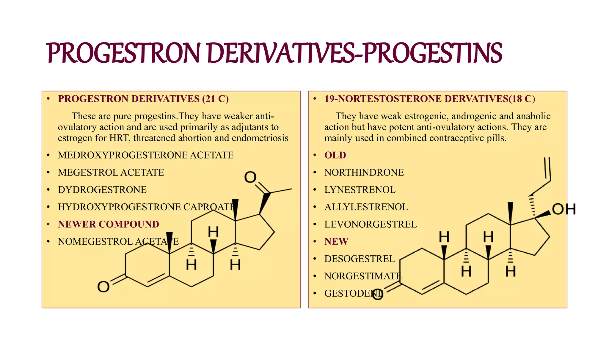 PROGESTRON DERIVATIVES-PROGESTINS
• PROGESTRON DERIVATIVES (21 C)
These are pure progestins.They have weaker anti-
ovulatory action and are used primarily as adjutants to
estrogen for HRT, threatened abortion and endometriosis
• MEDROXYPROGESTERONE ACETATE
• MEGESTROL ACETATE
• DYDROGESTRONE
• HYDROXYPROGESTRONE CAPROATE
• NEWER COMPOUND
• NOMEGESTROL ACETATE
• 19-NORTESTOSTERONE DERVATIVES(18 C)
They have weak estrogenic, androgenic and anabolic
action but have potent anti-ovulatory actions. They are
mainly used in combined contraceptive pills.
• OLD
• NORTHINDRONE
• LYNESTRENOL
• ALLYLESTRENOL
• LEVONORGESTREL
• NEW
• DESOGESTREL
• NORGESTIMATE
• GESTODENE
 