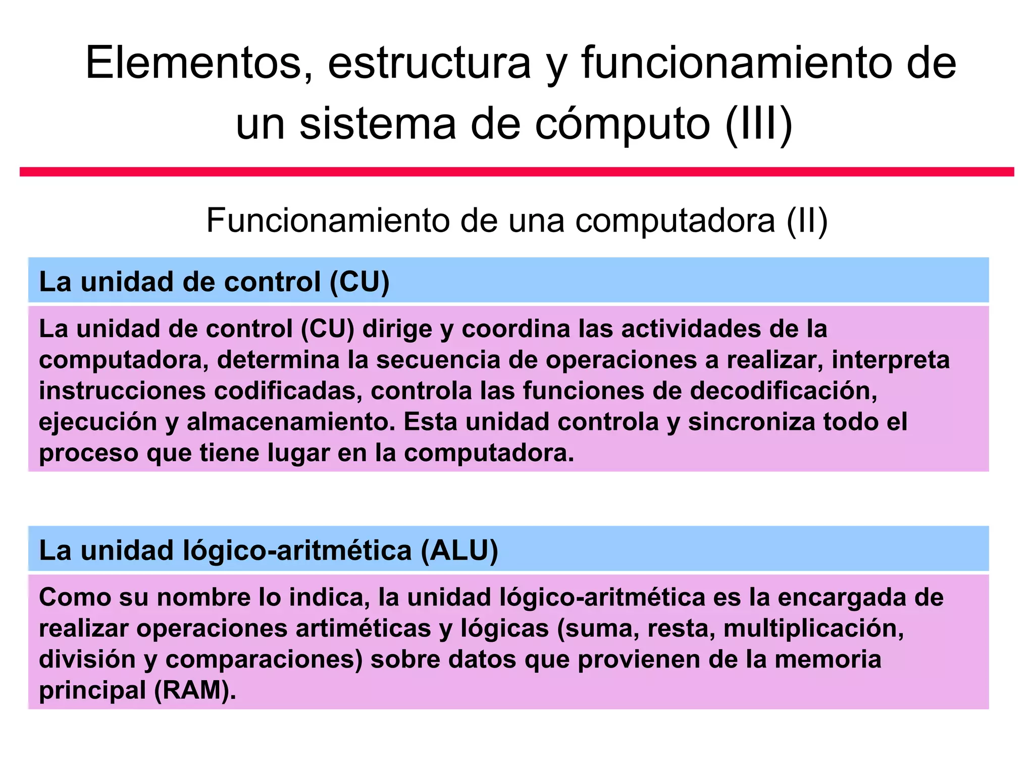 Elementos, estructura y funcionamiento de un sistema de cómputo (III)   Funcionamiento de una computadora (II) Como su nombre lo indica, la unidad lógico-aritmética es la encargada de realizar operaciones artiméticas y lógicas (suma, resta, multiplicación, división y comparaciones) sobre datos que provienen de la memoria principal (RAM).  La unidad lógico-aritmética (ALU) La unidad de control (CU) dirige y coordina las actividades de la computadora, determina la secuencia de operaciones a realizar, interpreta instrucciones codificadas, controla las funciones de decodificación, ejecución y almacenamiento. Esta unidad controla y sincroniza todo el proceso que tiene lugar en la computadora.  La unidad de control (CU) 