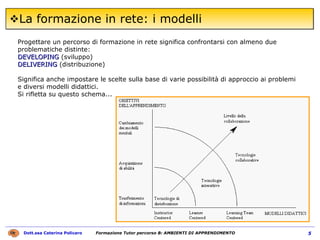 La formazione in rete: i modelli Progettare un percorso di formazione in rete significa confrontarsi con almeno due problematiche distinte:  DEVELOPING  (sviluppo)  DELIVERING  (distribuzione)  Significa anche impostare le scelte sulla base di varie possibilità di approccio ai problemi e diversi modelli didattici. Si rifletta su questo schema...  