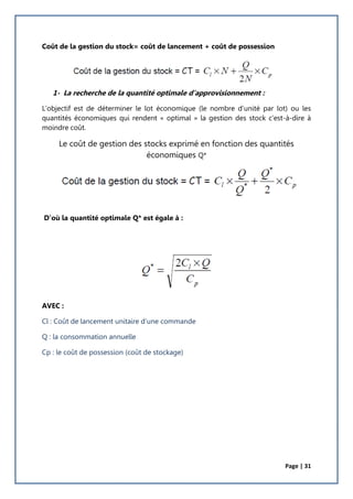 Page | 31
Coût de la gestion du stock= coût de lancement + coût de possession
1- La recherche de la quantité optimale d’approvisionnement :
L’objectif est de déterminer le lot économique (le nombre d’unité par lot) ou les
quantités économiques qui rendent « optimal » la gestion des stock c’est-à-dire à
moindre coût.
Le coût de gestion des stocks exprimé en fonction des quantités
économiques Q*
D’où la quantité optimale Q* est égale à :
AVEC :
Cl : Coût de lancement unitaire d’une commande
Q : la consommation annuelle
Cp : le coût de possession (coût de stockage)
 