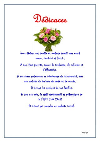 Page | 3
Dédicaces
Nous dédions cet humble et modeste travail avec grand
amour, sincérité et fierté :
A nos chers parents, source de tendresse, de noblesse et
d’affectation.
A nos chers professeurs en témoignage de la fraternité, avec
nos souhaits de bonheur de santé et de succès.
Et à tous les membres de nos familles.
A tous nos amis, le staff administratif et pédagogique de
la FSJES IBN ZOHR
Et à tout qui compulse ce modeste travail.
 