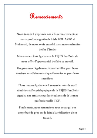 Page | 4
Remerciements
Nous tenons à exprimer nos vifs remerciements et
notre profonde gratitude à Mr BOUAZIZ si
Mohamed, de nous avoir encadré dans notre mémoire
de fin d’étude.
Nous remercions également la FSJES ibn Zohr de
nous offrir l’opportunité de faire ce travail.
Un gros merci également à nos familles pour leurs
soutiens aussi bien moral que financier et pour leurs
sacrifices.
Nous tenons également à remercier tous le staff
administratif et pédagogique de la FSJES Ibn Zohr
Agadir, nos amis et tous les étudiants de la licence
professionnelle TCF.
Finalement, nous remercions tous ceux qui ont
contribué de près ou de loin à la réalisation de ce
travail.
 