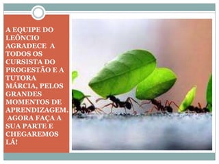 A EQUIPE DO
LEÔNCIO
AGRADECE A
TODOS OS
CURSISTA DO
PROGESTÃO E A
TUTORA
MÁRCIA, PELOS
GRANDES
MOMENTOS DE
APRENDIZAGEM.
AGORA FAÇA A
SUA PARTE E
CHEGAREMOS
LÁ!
 