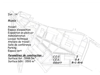 Ilot  : H
Musée :
Accueil
Espace d’exposition
Exposition en plein air
Administration
Locaux technique
Ateliers de travail
Salle de conférence
Parking
Espace vert
C.O.S 2
C.E.S. 0.6
Gabarit R+1-R+6
Paramètres de construction :
Surface ilot : 5988.5m²
Surface bâti : 3593 m²
 