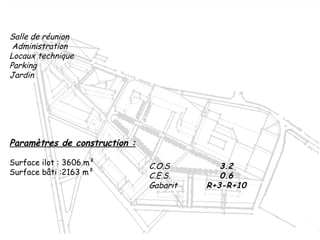 C.O.S 3.2
C.E.S. 0.6
Gabarit R+3-R+10
Salle de réunion
Administration
Locaux technique
Parking
Jardin
Paramètres de construction :
Surface ilot : 3606.m²
Surface bâti :2163 m²
 