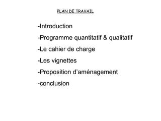 PLAN DE TRAVAIL
-Introduction
-Programme quantitatif & qualitatif
-Le cahier de charge
-Les vignettes
-Proposition d’aménagement
-conclusion
 