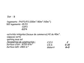 C.O.S 2
C.E.S. 0.32
Gabarit R+5
Ilot  : B
-logements : F4/F3/F2 (100m²/80m²/65m²)
183 logements -35 F2
-63F3
-82F4
-activités intégrées (locaux de commerce) 42 de 40m².
-espaces verts
-parking sous sol
Paramètres de construction :
Surface d’ilot : 8753.47m²
Surface bâti :2801 m²
 