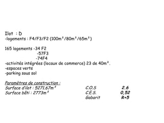 Ilot  : D
-logements : F4/F3/F2 (100m²/80m²/65m²)
165 logements -34 F2
-57F3
-74F4
-activités intégrées (locaux de commerce) 23 de 40m².
-espaces verts
-parking sous sol
Paramètres de construction :
Surface d’ilot : 5271.67m²
Surface bâti : 2773m²
C.O.S 2.6
C.E.S. 0,52
Gabarit R+5
 