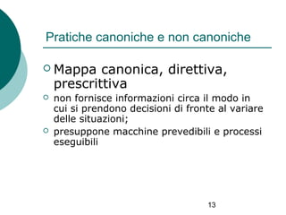 Pratiche canoniche e non canoniche
 Mappa

canonica, direttiva,
prescrittiva





non fornisce informazioni circa il modo in
cui si prendono decisioni di fronte al variare
delle situazioni;
presuppone macchine prevedibili e processi
eseguibili

13

 