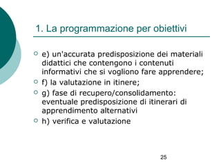 1. La programmazione per obiettivi







e) un'accurata predisposizione dei materiali
didattici che contengono i contenuti
informativi che si vogliono fare apprendere;
f) la valutazione in itinere;
g) fase di recupero/consolidamento:
eventuale predisposizione di itinerari di
apprendimento alternativi
h) verifica e valutazione

25

 