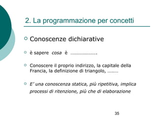2. La programmazione per concetti


Conoscenze dichiarative



è sapere cosa è ………………….



Conoscere il proprio indirizzo, la capitale della
Francia, la definizione di triangolo, ………



E’ una conoscenza statica, più ripetitiva, implica
processi di ritenzione, più che di elaborazione

35

 