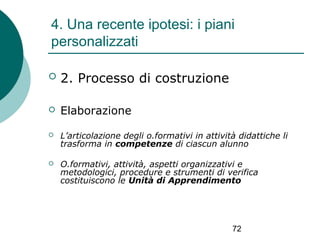 4. Una recente ipotesi: i piani
personalizzati


2. Processo di costruzione



Elaborazione



L’articolazione degli o.formativi in attività didattiche li
trasforma in competenze di ciascun alunno



O.formativi, attività, aspetti organizzativi e
metodologici, procedure e strumenti di verifica
costituiscono le Unità di Apprendimento

72

 