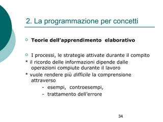 2. La programmazione per concetti


Teorie dell’apprendimento elaborativo

I processi, le strategie attivate durante il compito
* il ricordo delle informazioni dipende dalle
operazioni compiute durante il lavoro
* vuole rendere più difficile la comprensione
attraverso
- esempi, controesempi,
- trattamento dell’errore


34

 