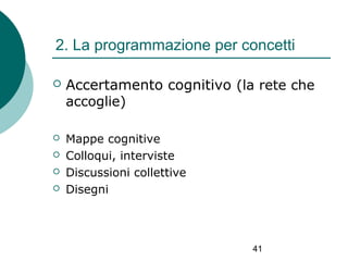 2. La programmazione per concetti


Accertamento cognitivo (la rete che
accoglie)



Mappe cognitive
Colloqui, interviste
Discussioni collettive
Disegni





41

 