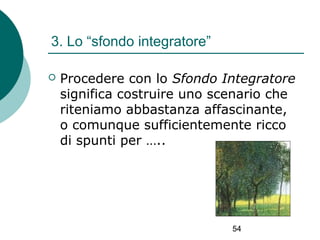 3. Lo “sfondo integratore”


Procedere con lo Sfondo Integratore
significa costruire uno scenario che
riteniamo abbastanza affascinante,
o comunque sufficientemente ricco
di spunti per …..

54

 