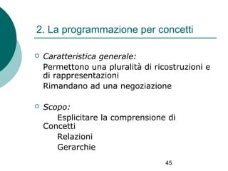 2. La programmazione per concetti


Caratteristica generale:
Permettono una pluralità di ricostruzioni e
di rappresentazioni
Rimandano ad una negoziazione



Scopo:
Esplicitare la comprensione di
Concetti
Relazioni
Gerarchie
45

 