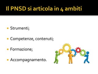  Strumenti;
 Competenze, contenuti;
 Formazione;
 Accompagnamento.
 