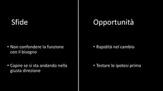 • Rapidità nel cambio
• Testare le ipotesi prima
OpportunitàSfide
• Non confondere la funzione
con il bisogno
• Capire se si sta andando nella
giusta direzione
 
