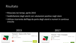 Risultato
• Rilasciata nei tempi, aprile 2015
• Soddisfazione degli utenti con valutazioni positive negli store
• Utilizzo ricorrente dell’App da parte degli utenti e numeri in continua
crescita
2015 2017
 