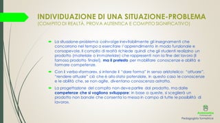 INDIVIDUAZIONE DI UNA SITUAZIONE-PROBLEMA
(COMPITO DI REALTÀ, PROVA AUTENTICA E COMPITO SIGNIFICATIVO)
 La situazione-problema coinvolge inevitabilmente gli insegnamenti che
concorrono nel tempo a esercitare l’apprendimento in modo funzionale e
consapevole. Il compito di realtà richiede quindi che gli studenti realizzino un
prodotto (materiale o immateriale) che rappresenti non la fine del lavoro (il
famoso prodotto finale!), ma il pretesto per mobilitare conoscenze e abilità e
formare competenze.
 Con il verbo «formare», si intende il “dare forma” in senso aristotelico: “attuare”,
“rendere attuale” ciò che è allo stato potenziale, in questo caso le conoscenze
e le abilità che, se non agite, diventano conoscenza astratta.
 La progettazione del compito non deve partire dal prodotto, ma dalle
competenze che si vogliono sviluppare: in base a queste, si sceglierà un
prodotto non banale che consenta la messa in campo di tutte le possibilità di
lavoro».
Pedagogista formatrice
 