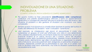INDIVIDUAZIONE DI UNA SITUAZIONE-
PROBLEMA
(COMPITO DI REALTÀ, PROVA AUTENTICA E COMPITO SIGNIFICATIVO
 Per questo motivo la fase precedente (Identificazione delle competenze)
costituisce una priorità epistemologica affinché si formi un apprendimento
significativo e consapevole orientato alla prova autentica tesa alla ricerca, alla
soluzione di problemi e alla gestione di situazioni che mostrano una certa
complessità.
 Sembra quanto mai opportuno e chiarificatore riportare le parole dell’autrice in
merito alla differenza tra situazioni “reali” e situazioni “autentiche”:
 «Ad esempio, se chiedessimo agli alunni di preventivare il costo che
sosterrebbe un gruppo di turisti per effettuare una visita in una determinata
città, sarebbe indubbiamente una richiesta reale ma non autentica, se non per
eventuali studenti di un istituto tecnico per il turismo, dove tali situazioni
farebbero parte della quotidianità professionale. Sarebbe invece autentica la
richiesta posta direttamente agli allievi di pianificare e organizzare la propria
visita d’istruzione, secondo parametri dati, redigendo un preventivo di spesa, un
itinerario, reperendo contatti per le prenotazioni e così via». Ivi in sintesi: non
tutte le situazioni reali sono autentiche, ma tutte le situazioni autentiche sono
necessariamente reali.
Pedagogista formatrice
 