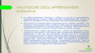 VALUTAZIONE DEGLI APPRENDIMENTI
(FORMATIVA)
 La verifica-valutazione “formativa” si riferisce ai processi di apprendimento
(competenze) per i quali la verifica prevede l’individuazione del compito di
realtà e la valutazione, invece, la descrizione dei livellidi padronanza raggiunti.
 Gli strumenti di valutazione delle competenze sono le “rubriche valutative” che
richiedono l’individuazione delle “evidenze” Linee guida «Si suggerisce perciò di
sviluppare procedimenti di valutazioni basati su “evidenze” che risultino tali sia
ai docenti (in quanto valutatori) che agli studenti (in quanto valutati).
 Tali procedimenti si basano generalmente su “rubriche di valutazione», Come
ricordano le Linee guida, la valutazione delle competenze è finalizzata alla loro
certificazione e alla loro documentazione riportata nel PFI e corrisponde
all’intero processo formativo rispetto alle istanze eterovalutative, autovalutative
e co-valutative. Pertanto un approccio integrato alla valutazione richiederebbe
rubriche delle “competenze disciplinari”, delle “competenze di cittadinanza”
(2007) (metacognitive e sociali e civiche), “autobiografia cognitiva”, “diario di
bordo”. Strumenti qualitativi dell’indagine scientifica finalizzati alla riflessività dei
processi implicati e al miglioramento delle prestazioni.
Pedagogista formatrice
 