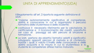 UNITA DI APPRENDIMENTO(UDA)
Il Regolamento all’art. 2 riporta la seguente definizione di
UDA:
 “insieme autonomamente significativo di competenze,
abilità e conoscenze in cui è organizzato il percorso
formativo della studentessa e dello studente;
 costituisce il necessario riferimento per la valutazione, la
certificazione e il riconoscimento dei crediti, soprattutto
nel caso di passaggi ad altri percorsi di istruzione e
formazione.
 Le UdA partono da obiettivi formativi adatti e significativi,
sviluppano appositi percorsi di metodo e di contenuto,
tramite i quali si valuta il livello delle conoscenze e delle
abilità acquisite e la misura in cui la studentessa e lo
studente le competenze attese hanno maturato.
Pedagogista formatrice
 