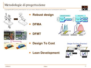Metodologie di progettazione Robust design DFMA DFMT Design To Cost Lean Development 