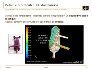 Metodi e Strumenti di Fluidodinamica Verifica della  funzionalità:  presenza di bolle intrappolate in un  dispositivo pieno di sangue. Risultati conformi alle simulazioni, con  8 mesi di anticipo. 8 MICROLITERS BUBBLES INJECTION FROM BLOOD INLET 1 MICROLITERS BUBBLES INJECTION FROM BLOOD INLET BUBBLES INJECTION FROM BLOOD INLET 