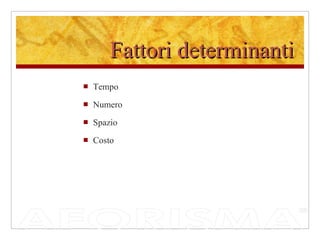 Fattori determinanti Tempo Numero Spazio Costo  