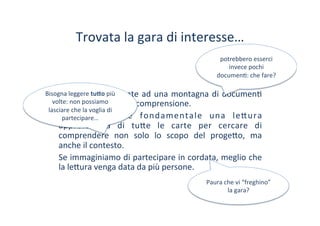 Trovata	
 la	
 gara	
 di	
 interesse…	
 
Ci	
 troviamo	
 di	
 fronte	
 ad	
 una	
 montagna	
 di	
 documen/	
 
non	
 sempre	
 di	
 facile	
 comprensione.	
 
Naturalmente	
  è	
  fondamentale	
  una	
  le?ura	
 
approfondita	
  di	
  tu?e	
  le	
  carte	
  per	
  cercare	
  di	
 
comprendere	
  non	
  solo	
  lo	
  scopo	
  del	
  proge?o,	
  ma	
 
anche	
 il	
 contesto.	
 
Se	
 immaginiamo	
 di	
 partecipare	
 in	
 cordata,	
 meglio	
 che	
 
la	
 le?ura	
 venga	
 data	
 da	
 più	
 persone.	
 
potrebbero	
 esserci	
 
invece	
 pochi	
 
documen/:	
 che	
 fare?	
 
Bisogna	
 leggere	
 tu#o	
 più	
 
volte:	
 non	
 possiamo	
 
lasciare	
 che	
 la	
 voglia	
 di	
 
partecipare…	
 
Paura	
 che	
 vi	
 “freghino”	
 
la	
 gara?	
 
 