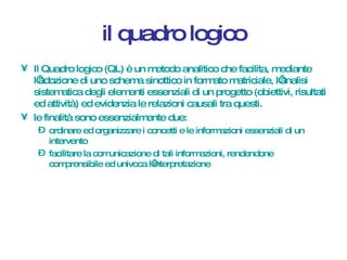 il quadro logico Il Quadro logico (QL) è un metodo analitico che facilita, mediante l’adozione di uno schema sinottico in formato matriciale, l’analisi sistematica degli elementi essenziali di un progetto (obiettivi, risultati ed attività) ed evidenzia le relazioni causali tra questi.  le finalità sono essenzialmente due: ordinare ed organizzare i concetti e le informazioni essenziali di un intervento facilitare la comunicazione di tali informazioni, rendendone comprensibile ed univoca l’interpretazione 
