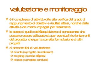 valutazione e monitoraggio è il complesso di attività volte alla verifica del grado di raggiungimento di obiettivi e risultati attesi, nonché delle attività e dei mezzi impiegati per realizzarle lo scopo è quello dell’acquisizione di conoscenze che possano essere utilizzate sia per eventuali riorientamenti del progetto, che per la corretta formulazione di altri progetti ci sono tre tipi di valutazione: ex ante (a progetto da realizzare) on going (in corso d’opera) ex post (a progetto concluso) 
