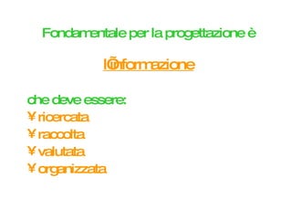 Fondamentale per la progettazione è l’informazione che deve essere: ricercata raccolta valutata organizzata 