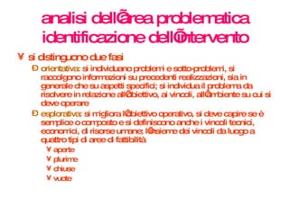 analisi dell’area problematica identificazione dell’intervento si distinguono due fasi orientativa:  si individuano problemi e sotto-problemi, si raccolgono informazioni su precedenti realizzazioni, sia in generale che su aspetti specifici; si individua il problema da risolvere in relazione all’obiettivo, ai vincoli, all’ambiente su cui si deve operare esplorativa:  si migliora l’obiettivo operativo, si deve capire se è semplice o composto e si definiscono anche i vincoli tecnici, economici, di risorse umane; l’insieme dei vincoli da luogo a quattro tipi di aree di fattibilità aperte plurime chiuse  vuote 