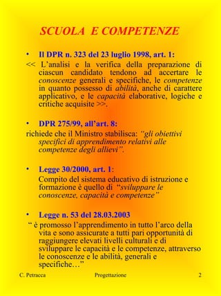 SCUOLA E COMPETENZE
• Il DPR n. 323 del 23 luglio 1998, art. 1:
<< L’analisi e la verifica della preparazione di
ciascun candidato tendono ad accertare le
conoscenze generali e specifiche, le competenze
in quanto possesso di abilità, anche di carattere
applicativo, e le capacità elaborative, logiche e
critiche acquisite >>.
• DPR 275/99, all’art. 8:
richiede che il Ministro stabilisca: “gli obiettivi
specifici di apprendimento relativi alle
competenze degli allievi”.
•

Legge 30/2000, art. 1:
Compito del sistema educativo di istruzione e
formazione è quello di “sviluppare le
conoscenze, capacità e competenze”

• Legge n. 53 del 28.03.2003
“ è promosso l’apprendimento in tutto l’arco della
vita e sono assicurate a tutti pari opportunità di
raggiungere elevati livelli culturali e di
sviluppare le capacità e le competenze, attraverso
le conoscenze e le abilità, generali e
specifiche…”
C. Petracca

Progettazione

2

 