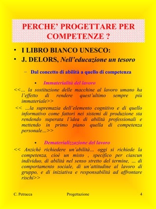 PERCHE’ PROGETTARE PER
COMPETENZE ?
• I LIBRO BIANCO UNESCO:
• J. DELORS, Nell’educazione un tesoro
– Dal concetto di abilità a quello di competenza
Immaterialità del lavoro
<<… la sostituzione delle macchine al lavoro umano ha
l’effetto di rendere quest’ultimo sempre più
immateriale>>
<< …la supremazia dell’elemento cognitivo e di quello
informativo come fattori nei sistemi di produzione sta
rendendo superata l’idea di abilità professionali e
mettendo in primo piano quella di competenza
personale…>>


Dematerializzazione del lavoro
<< Anziché richiedere un’abilità… oggi si richiede la
competenza, cioè un misto , specifico per ciascun
individuo, di abilità nel senso stretto del termine, … di
comportamento sociale, di un’attitudine al lavoro di
gruppo, e di iniziativa e responsabilità ad affrontare
rischi>>


C. Petracca

Progettazione

4

 