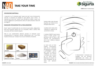 CORSO: Master in Garden Design
DOCENTE: Anna Sicoli STUDENTI: Florìn Coronidi, Giulia Marchi & Martina Marchesini
TAKE YOUR TIME
DESCRIZIONE MATERIALI:
I materiali di cui è composta quest’ opera sono per lo più di derivazione
naturale, è composta da ramaglie di vario genere, sassi e fieno, le
impronte per terra tutt’ intorno sono formate da ciottoli, creano una
sorta di suggestione e partecipazione attiva all’ opera attraverso l’atto del
passeggiare.
MAGGIORI SPIEGAZIONI PER LA REALIZZAZIONE:
Quest’ opera è caratterizzata da una struttura quasi piatta, adeguandosi
bene alla situazione esterna da cui è circondata, infatti si colloca nella
zona prato, del Parco Giardino Sigurtà.
Date le sue caratteristiche abbiamo pensato di realizzarla quasi
completamente di materiale naturale. Mantenendo così il suo forte
impatto emotivo per i visitatori ma non per l’ambiente circostante.
Simbolo delle onde formato
da ghiaia, per indicare che si
distingue dalla natura.
Bastoncini di legno Ghiaia
3,50 m
3,00 m
2,00 m
0,05 m O
2,40 m
0,40 m
La mano avrà un forte
impatto comunicativo,
dato che è l’ elemento
antropomorfo principale
e simboleggia l’ azione
dell’ uomo. La scelta di
“spegnersi“ per entrare
in contatto con la natura
sta all’ uomo stesso.
Realizzata da blocchi di
fieno compattati così da
avere uno spessore
unico.
Rametti
Pietre
Paglia
Il simbolo ON/OFF dovrà essere
messo in risalto, quindi il suo
perimetro sarà di fieno e altri
materiali che permetteranno
che si noti l’ effetto di distacco
dal terreno.
La ghiaia verrà usata come
materiale di supporto per
aumentare la massa.
Il telecomando è composto da
ramaglie, che poi verranno
raggruppate per creare uno
spessore abbastanza consistente.
.
 
