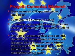 Progetti Comenius Bilaterali
   Sono incentrati sull'apprendimento
    linguistico.
   Coinvolgono 2 scuole di 2 paesi.
   In generale agli scambi partecipa un'intera
    classe o un significativo gruppo di studenti
    di una classe.
   Ne stiamo realizzando due: uno con l'IES
    Numancia di Santa Coloma de Gramenet
    (Spagna) 2011/13 ed uno con la Winkler
    Prins School di Veendam (Paesi Bassi)
    2012/14; stiamo anche preparando la
    candidatura per un terzo.
 
