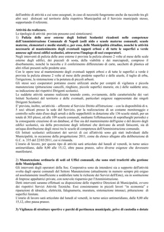 dell'ambito di attività a cui sono assegnati, in caso di necessità fungeranno anche da raccordo tra gli
altri soci dislocati sul territorio della rispettiva Municipalità ed il Servizio municipale stesso,
supportando il referente.
Attività da realizzare.
Le tipologie di attività previste possono così sintetizzarsi:
1) Pulizia delle aree esterne degli Istituti Scolastici ricadenti nelle competenze
dell'Amministrazione Comunale di Napoli (asili nido e scuole materne comunali; scuole
materne, elementari e medie statali) e, per essa, delle Municipalità cittadine, nonché le attività
necessarie al mantenimento degli eventuali tappeti erbosi e di tutte le superfici a verde
annesse agli stessi edifici scolastici, attraverso l'impiego di soci cooperatori.
Negli interventi di pulizia delle aree esterne è prevista la pulizia almeno 2 volte al mese delle scale
esterne degli edifici, dei piazzali di sosta, della viabilità e dei marciapiedi, compreso il
diserbamento, nonché la raccolta e il conferimento differenziato di carte, sacchetti di plastica ed
altri rifiuti presenti nelle predette aree.
Con le opere tese al mantenimento degli eventuali tappeti erbosi e di tutte le superfici a verde è
prevista la pulizia almeno 2 volte al mese delle predette superfici e delle aiuole, il taglio di erba,
l'irrigazione, la sistemazione e la potatura di piccoli arbusti.
Gli stessi soci cooperatori potranno essere utilizzati anche per compiti di vigilanza e piccola
manutenzione (pitturazione cancelli, ringhiere, piccole superfici murarie, etc.) delle suddette aree,
su indicazione dei rispettivi Dirigenti scolastici.
Le suddette attività saranno realizzate tenendo conto, ovviamente, delle caratteristiche dei vari
Istituti Scolastici del territorio e delle eventuali, particolari esigenze rappresentate dai singoli
Dirigenti Scolastici
E' prevista, inoltre, un'attività – afferente al Servizio Diritto all'Istruzione – con la disponibilità di n.
5 soci ubicati presso la sede del Servizio, per la realizzazione di un costante monitoraggio e
controllo sullo stato d'uso degli arredi e delle suppellettili in dotazione alle 136 scuole statali, per un
totale di 303 plessi, ed alle 109 scuole comunali, mediante l'effettuazione di sopralluoghi periodici e
la conseguente creazione di un database, al fine sia del mantenimento dell'igiene e del decoro degli
edifici scolastici, sia della prevenzione degli infortuni che derivano da arredi fatiscenti, sia di
un'equa distribuzione degli stessi tra le scuole di competenza dell'Amministrazione comunale.
Gli Istituti scolastici utilizzatori dei servizi di cui all'attività sono già stati individuati dalle
Municipalità, in occasione della progettazione 2011, come da elenco allegato alla deliberazione di
G.C. n. 335 del 22/03/2011, cui si rimanda.
L'orario di lavoro, per questo tipo di attività sarà articolato dal lunedì al venerdì, in turno unico
antimeridiano, dalle 8,00 alle 15,12, oltre pausa pranzo, salvo diverse esigenze che dovessero
manifestarsi.
2) Manutenzione ordinaria di sedi ed Uffici comunali, che sono stati trasferiti alla gestione
delle Municipalità.
Gli interventi degli operatori della Soc. Cooperativa sono da intendersi sia a supporto dell'attività
svolta dagli operai comunali del Settore Manutenzione (attualmente in numero sempre più esiguo
ed assolutamente insufficiente a soddisfare tutte le richieste dei Servizi dell'Ente), sia in sostituzione
di Imprese appaltatrici private, con notevole risparmio per l'Amministrazione.
Detti interventi saranno effettuati su disposizione delle rispettive Direzioni di Municipalità, ovvero
dei rispettivi Servizi Attività Tecniche. Essi consisteranno in piccoli lavori “in economia” e
riparazioni di idraulica, elettricità, falegnameria, muratura, sistemazione intonaci, pitturazione di
superfici limitate.
L'orario di lavoro sarà articolato dal lunedì al venerdì, in turno unico antimeridiano, dalle 8,00 alle
15,12, oltre pausa pranzo.
3) Vigilanza di strutture sportive e parchi di pertinenza municipale, prive di custodia o dotate
 
