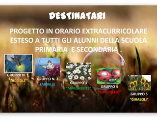 DESTINATARI
PROGETTO IN ORARIO EXTRACURRICOLARE
ESTESO A TUTTI GLI ALUNNI DELLA SCUOLA
PRIMARIA E SECONDARIA .
GRUPPO N. 1
“LUCCIOLE” GRUPPO N. 2
“FARFALLE” GRUPPO 3
“MARGHERITE” GRUPPO 4
”COCCINELLE”
GRUPPO 5
”GIRASOLI”
 