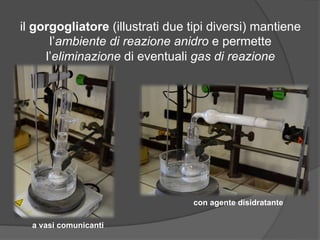 il gorgogliatore (illustrati due tipi diversi) mantiene 
l’ambiente di reazione anidro e permette 
l’eliminazione di eventuali gas di reazione 
con agente disidratante 
a vasi comunicanti 
 