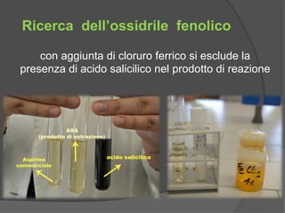 Ricerca dell’ossidrile fenolico 
con aggiunta di cloruro ferrico si esclude la 
presenza di acido salicilico nel prodotto di reazione 
 