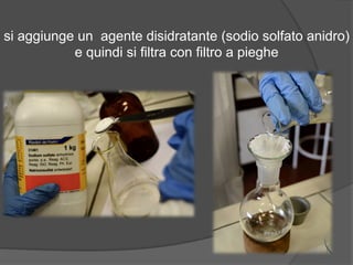 si aggiunge un agente disidratante (sodio solfato anidro) 
e quindi si filtra con filtro a pieghe 
 