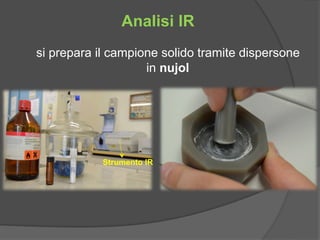 Analisi IR 
si prepara il campione solido tramite dispersone 
in nujol 
Strumento IR 
 