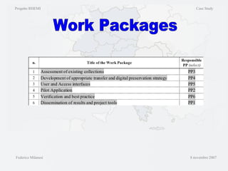 Progetto RHEMI  Case Study Federico Milanesi  8 novembre 2007 Work Packages 