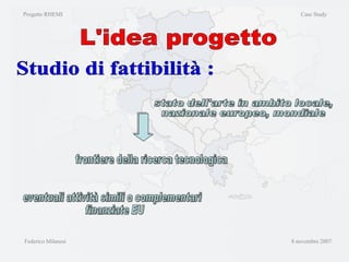Federico Milanesi  8 novembre 2007 Studio di fattibilità : frontiere della ricerca tecnologica stato dell'arte in ambito locale,  nazionale europeo, mondiale eventuali attività simili o complementari finanziate EU Progetto RHEMI  Case Study L'idea progetto 
