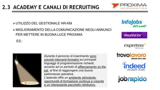 ACADEMY E CANALI DI RECRUITING
UTILIZZO DEL GESTIONALE HR-KM
MIGLIORAMENTO DELLA COMUNICAZIONE NEGLI ANNUNCI
PER METTERE IN BUONA LUCE PROXIMA
ES.:
2.3
Durante il percorso di inserimento sono
previsti interventi formativi sui principali
linguaggi di programmazione richiesti,
accanto ad un periodo di affiancamento on the
job, al fine di raggiungere una buona
padronanza operativa.
L'azienda offre un ambiente stimolante,
opportunità di formazione continua e crescita
e un interessante pacchetto retributivo.
 